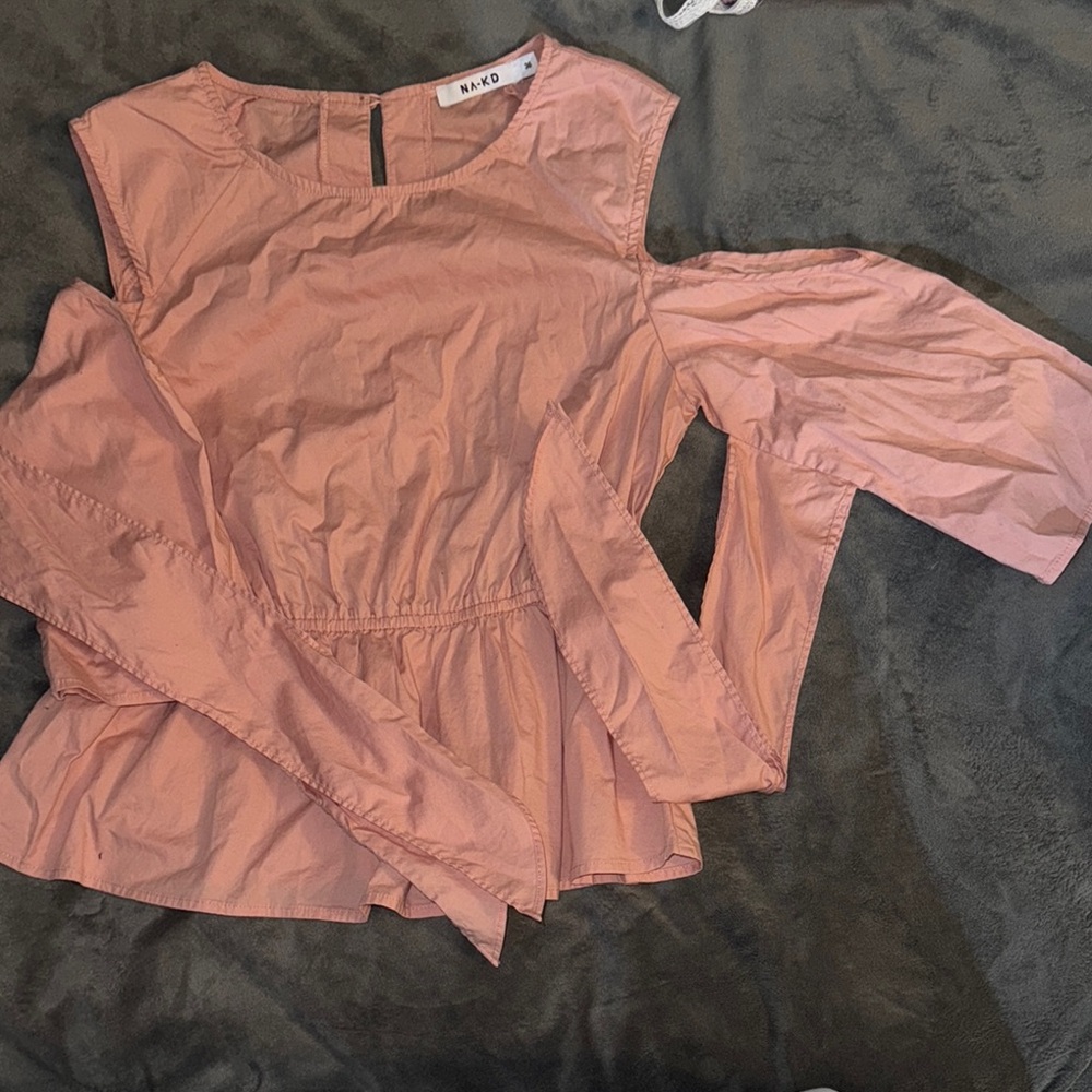 Pink Blouse with Asymmetrical Cut Out and Long Sleeves